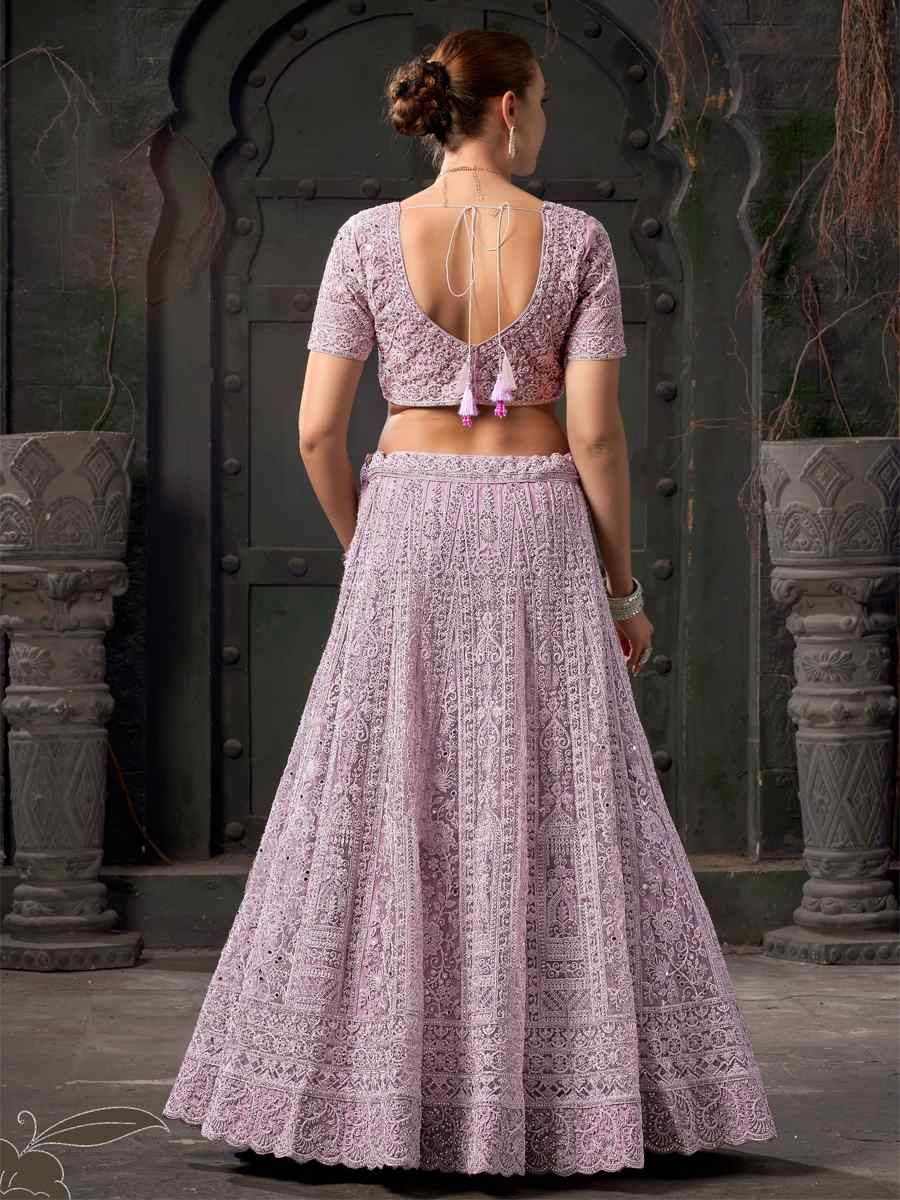 Lavender Premium Net Embroidered Reception Party Wear Heavy Border Lehenga Choli