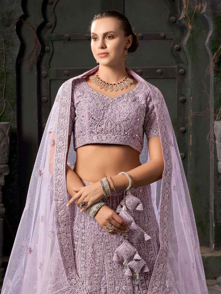 Lavender Premium Net Embroidered Reception Party Wear Heavy Border Lehenga Choli