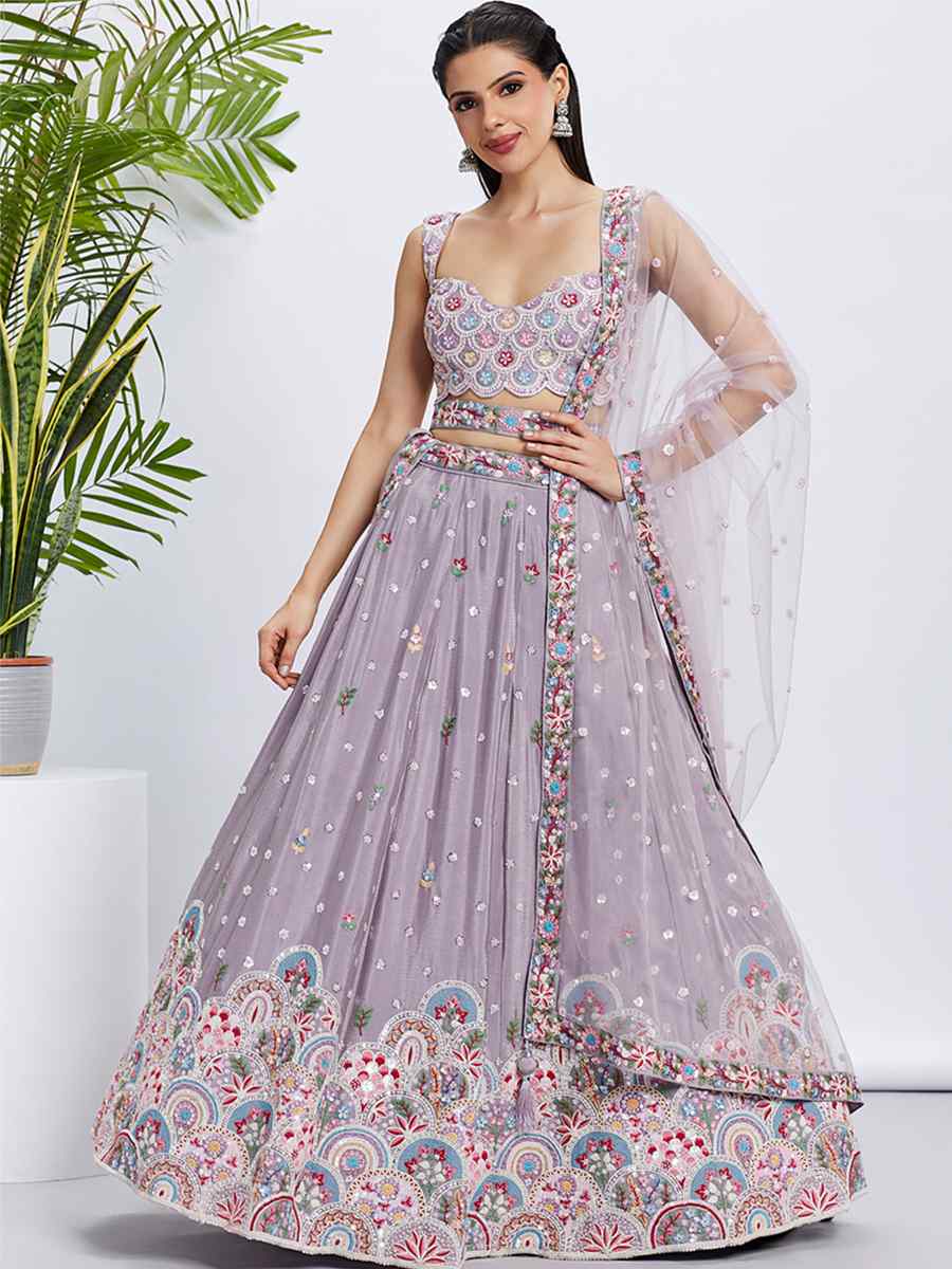 Lavender Pure Chiffon Embroidered Bridesmaid Wedding Heavy Border Lehenga Choli