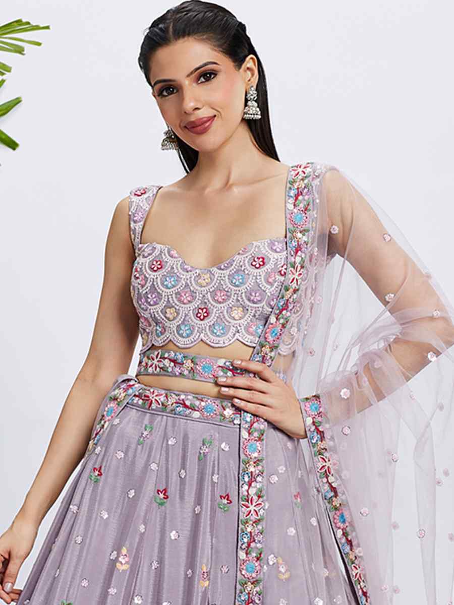 Lavender Pure Chiffon Embroidered Bridesmaid Wedding Heavy Border Lehenga Choli