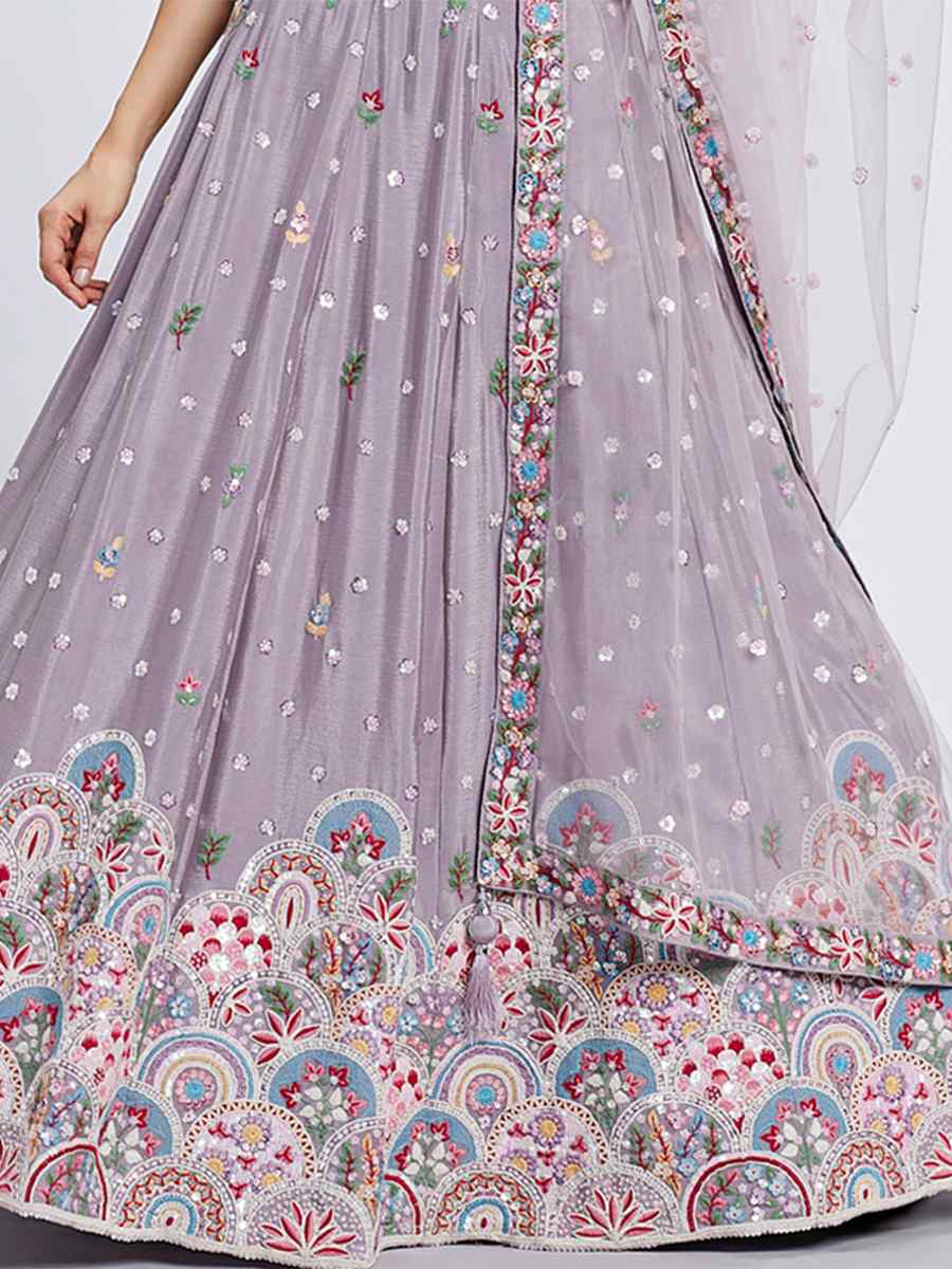 Lavender Pure Chiffon Embroidered Bridesmaid Wedding Heavy Border Lehenga Choli