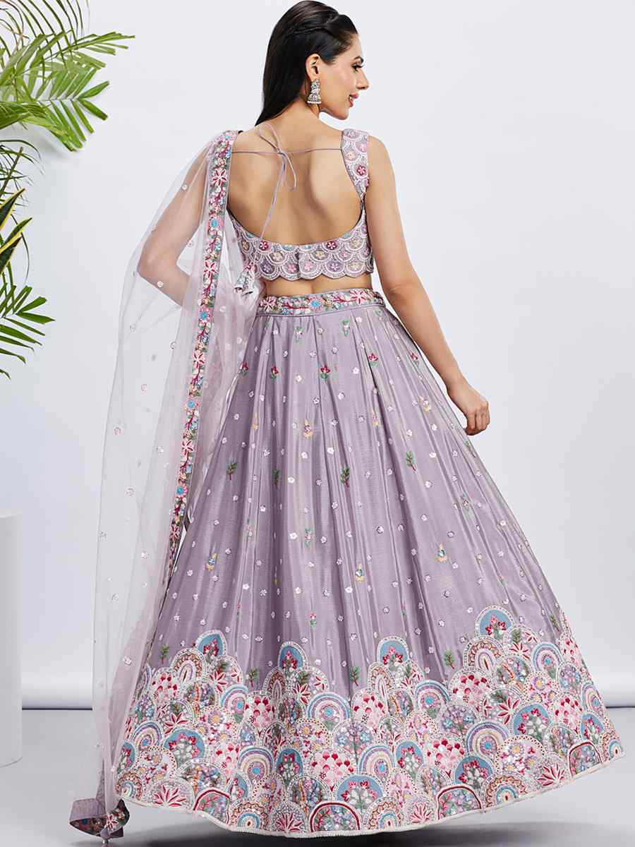 Lavender Pure Chiffon Embroidered Bridesmaid Wedding Heavy Border Lehenga Choli