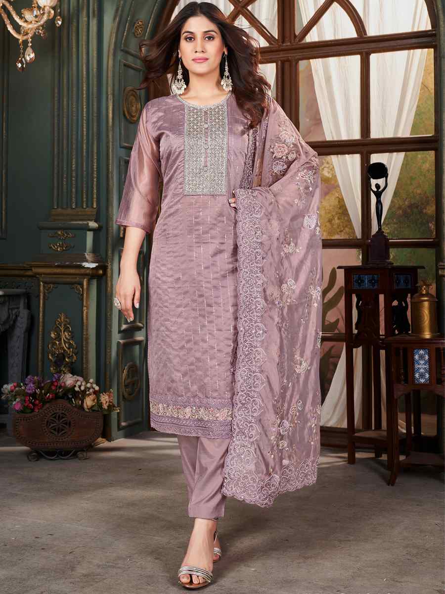 Lavender Pure Organza Embroidered Wedding Festival Pant Salwar Kameez