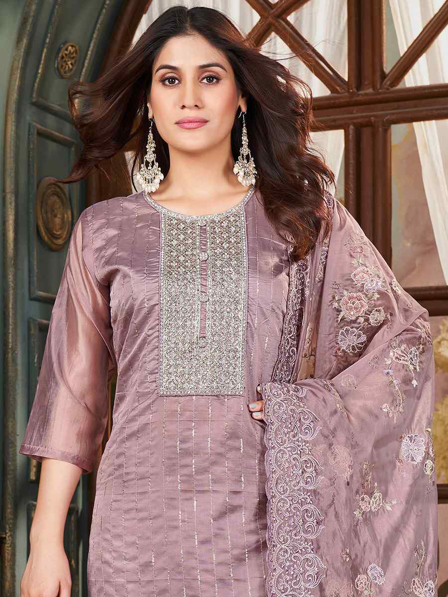 Lavender Pure Organza Embroidered Wedding Festival Pant Salwar Kameez