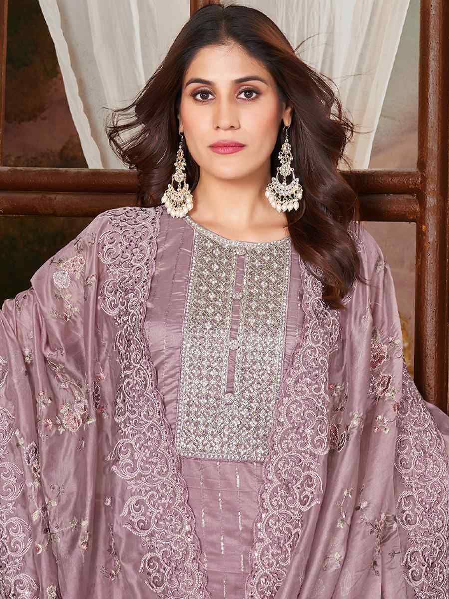 Lavender Pure Organza Embroidered Wedding Festival Pant Salwar Kameez