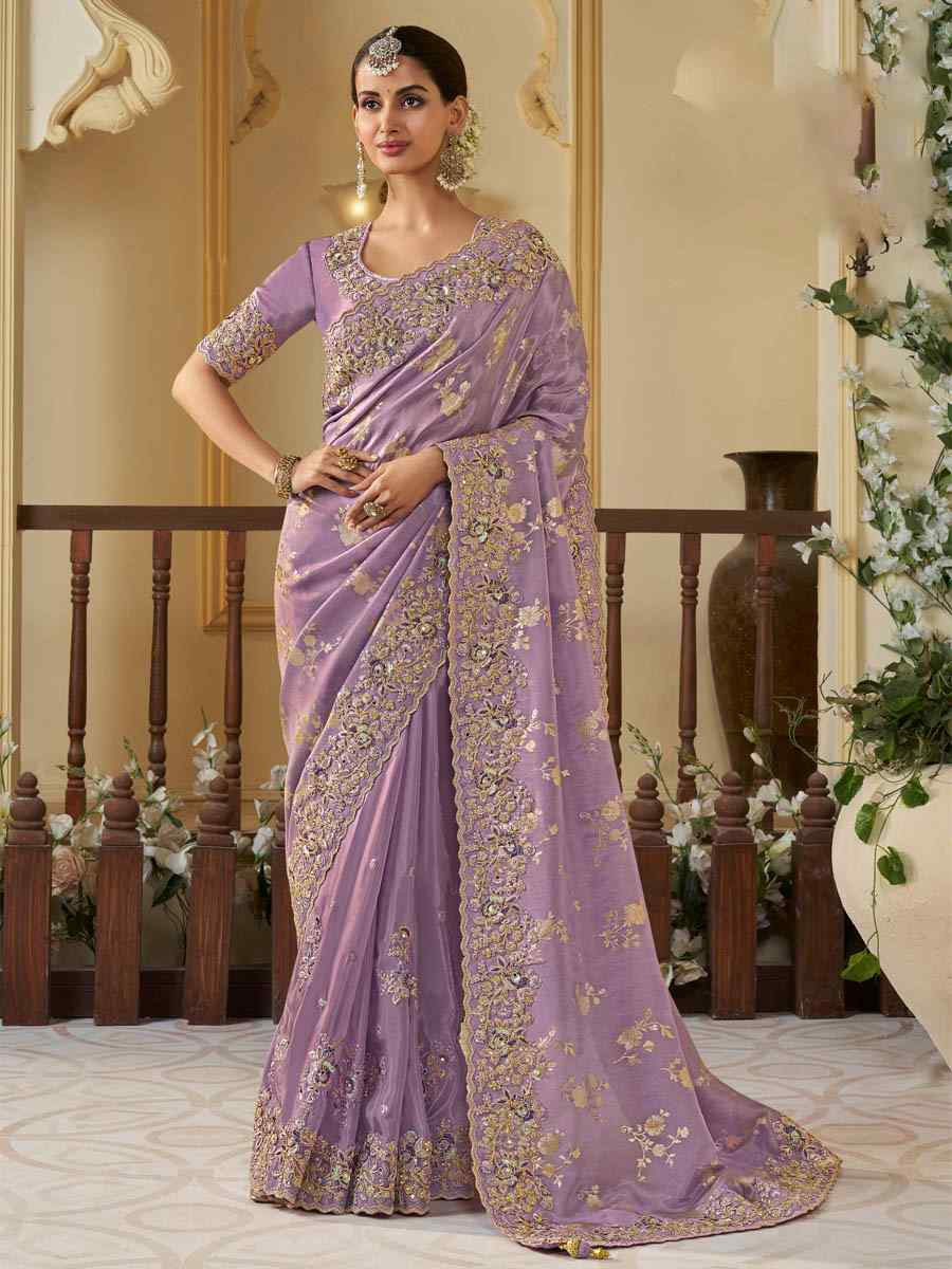 Lavender Pure Tissue Silk Embroidered Festival Wedding Heavy Border Saree