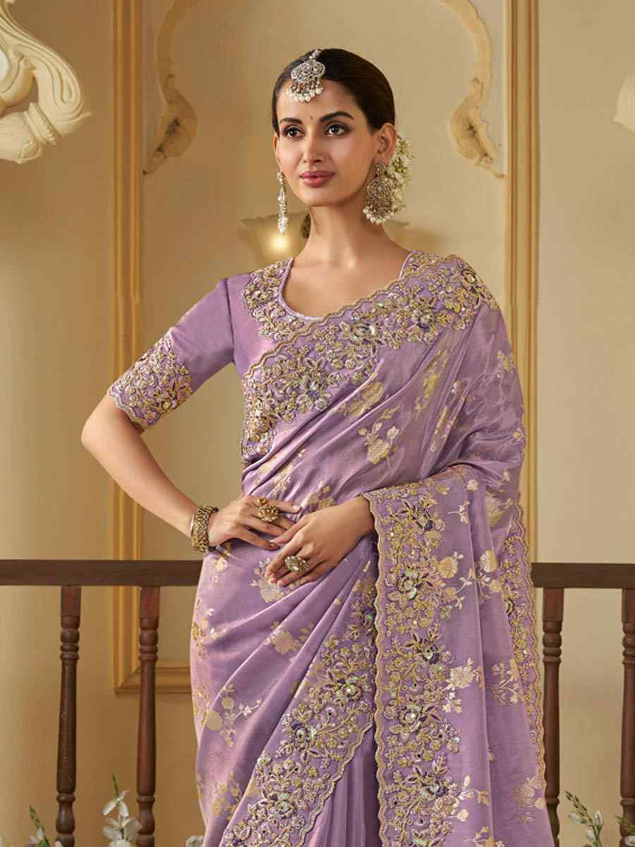 Lavender Pure Tissue Silk Embroidered Festival Wedding Heavy Border Saree