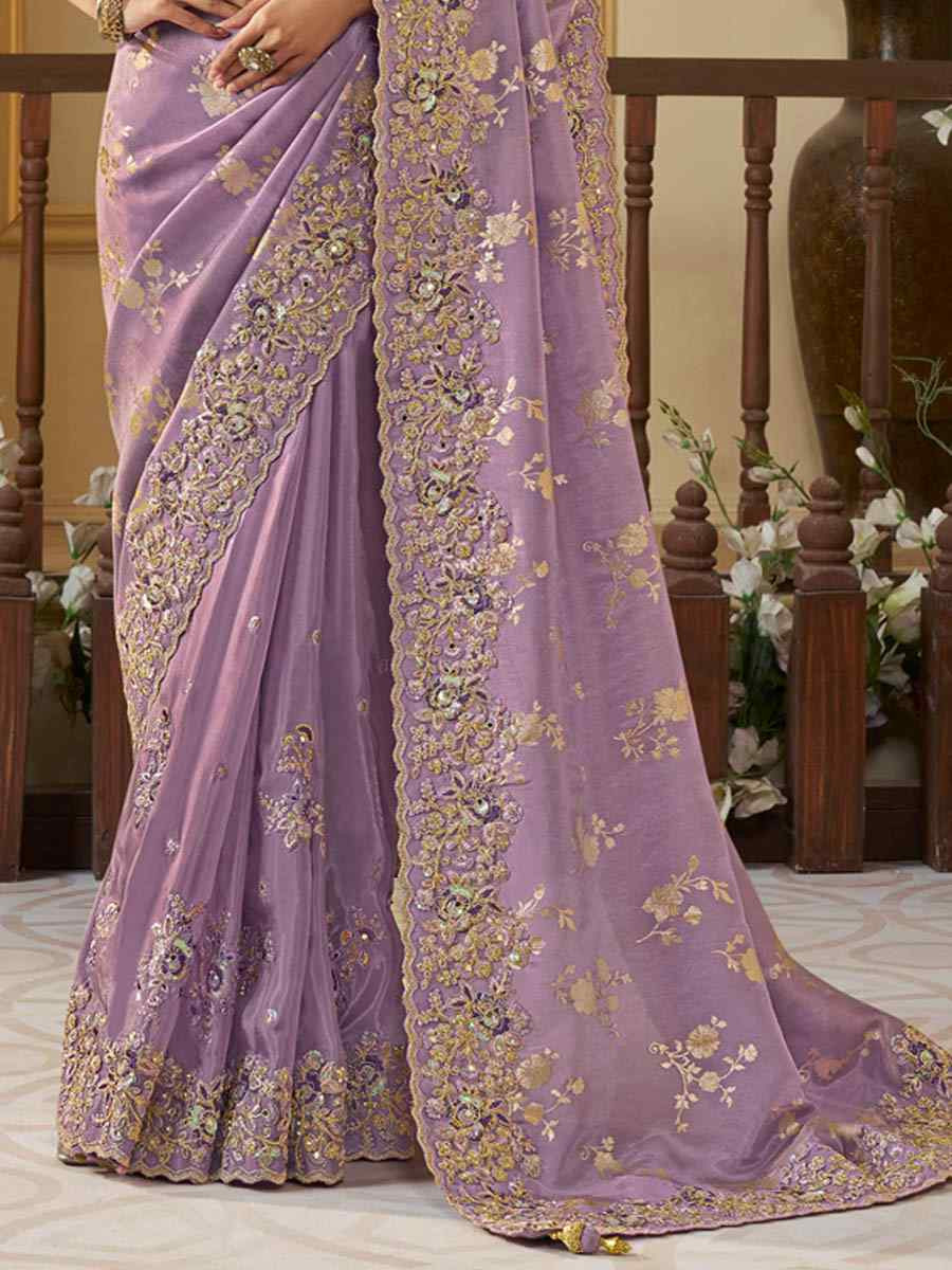 Lavender Pure Tissue Silk Embroidered Festival Wedding Heavy Border Saree