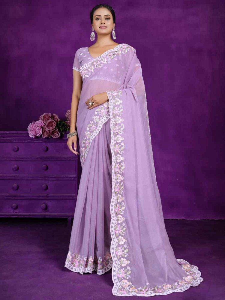 Lavender Rangoli Embroidered Wedding Party Heavy Border Saree