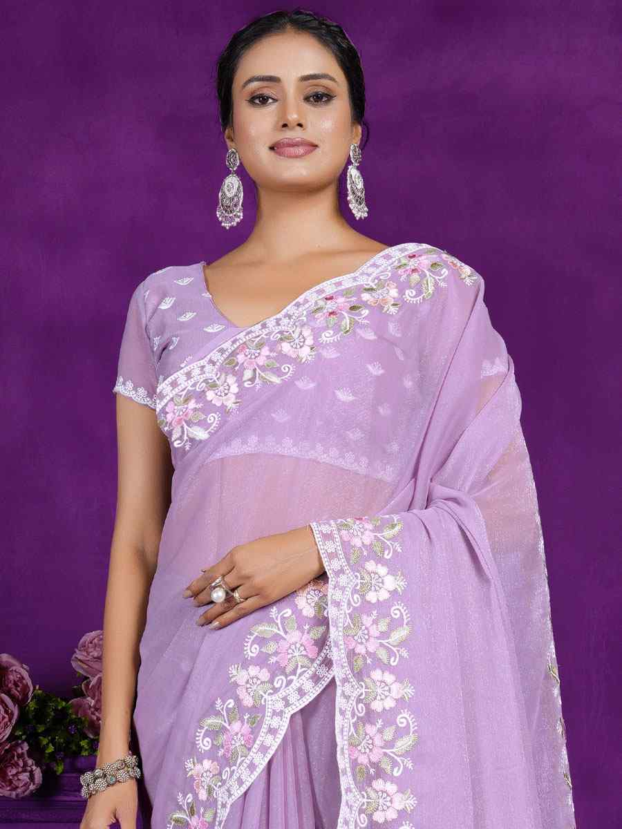 Lavender Rangoli Embroidered Wedding Party Heavy Border Saree