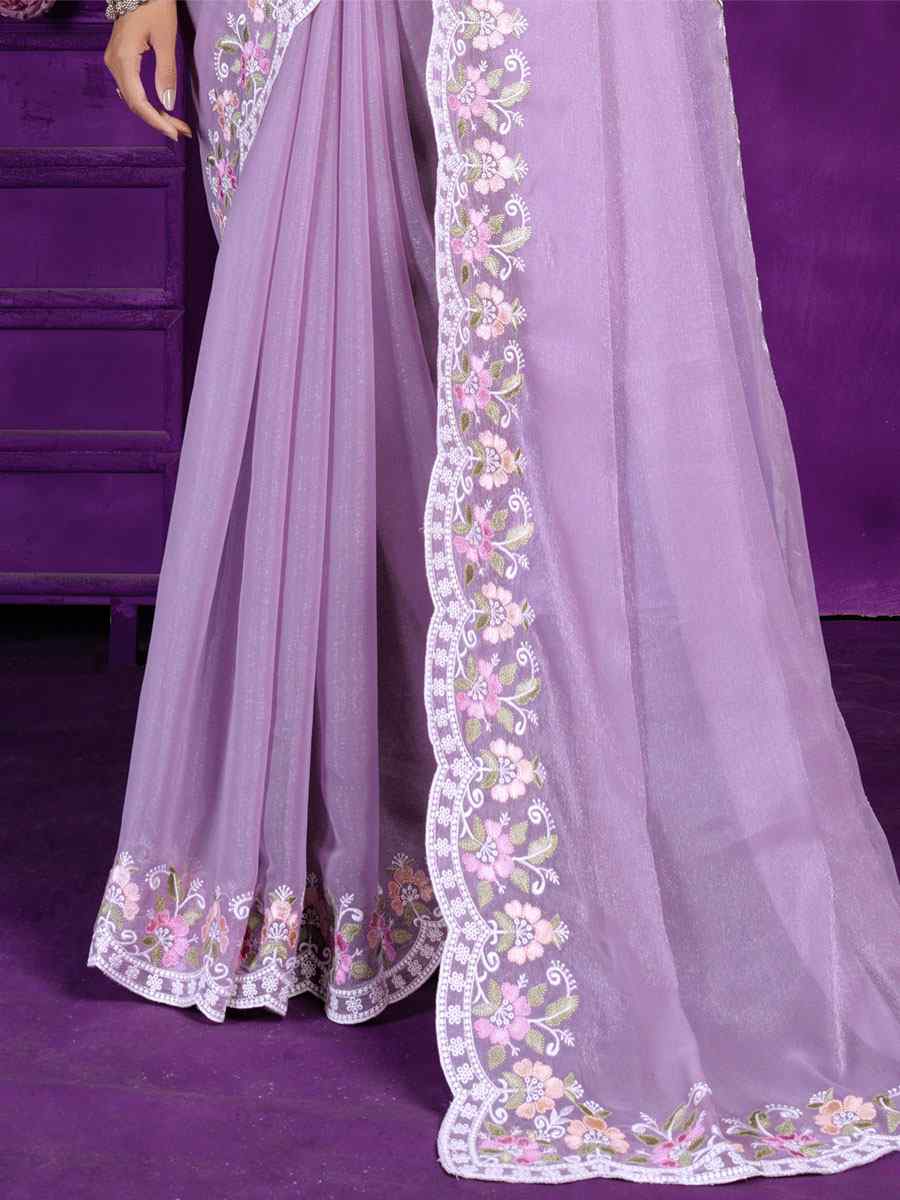 Lavender Rangoli Embroidered Wedding Party Heavy Border Saree