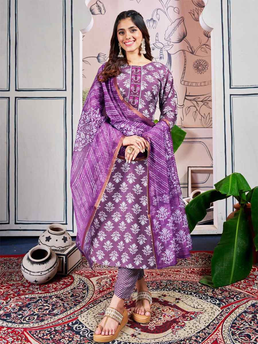 Lavender Rayon Printed Casual Festival Ready Pant Salwar Kameez