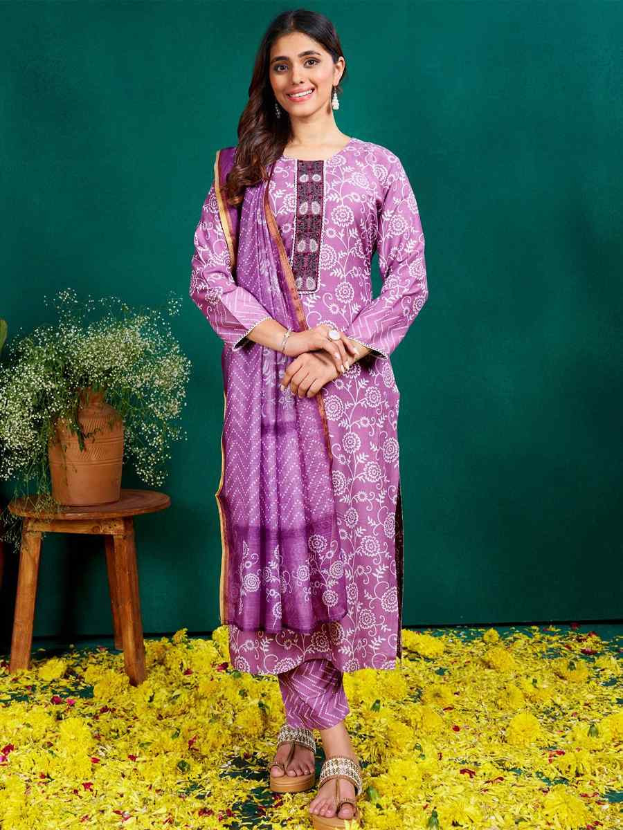 Lavender Rayon Printed Casual Festival Ready Pant Salwar Kameez