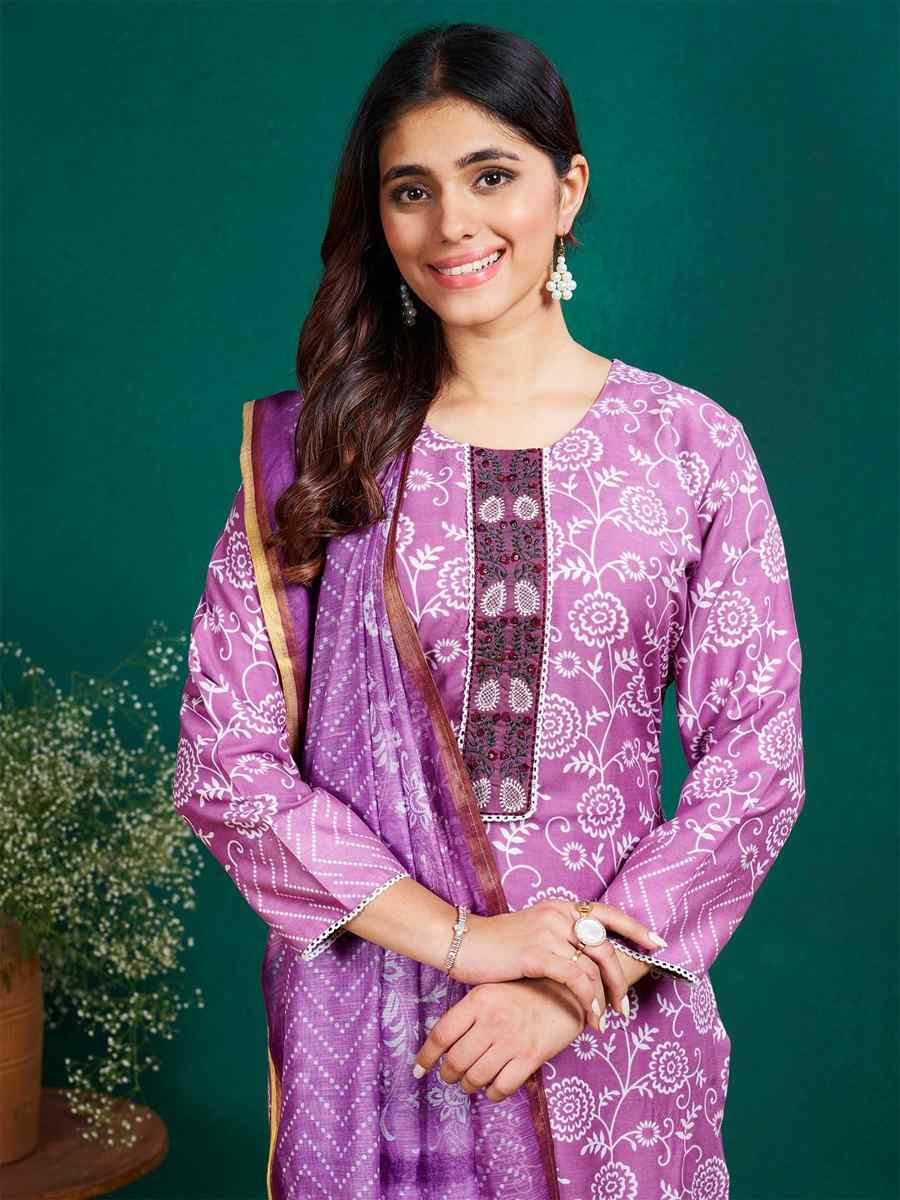 Lavender Rayon Printed Casual Festival Ready Pant Salwar Kameez