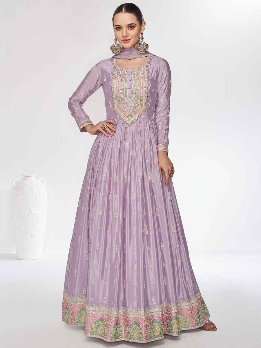 Lavender Real Chinon Embroidered Festival Wedding Anarkali Salwar Kameez