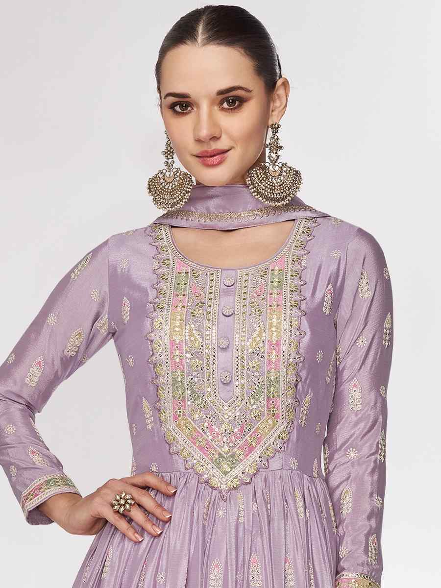 Lavender Real Chinon Embroidered Festival Wedding Anarkali Salwar Kameez