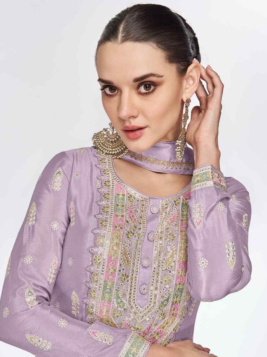 Lavender Real Chinon Embroidered Festival Wedding Anarkali Salwar Kameez