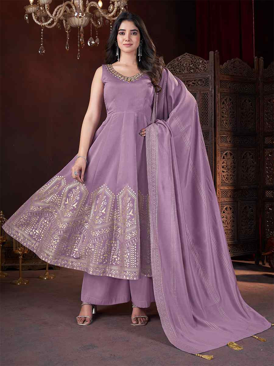 Lavender Roman Silk Printed Casual Festival Ready Palazzo Pant Salwar Kameez