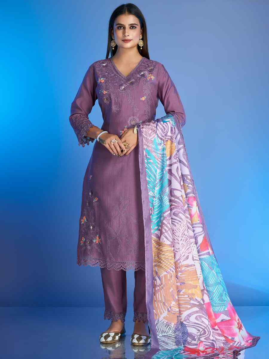 Lavender Roman Silk Printed Festival Party Ready Pant Salwar Kameez