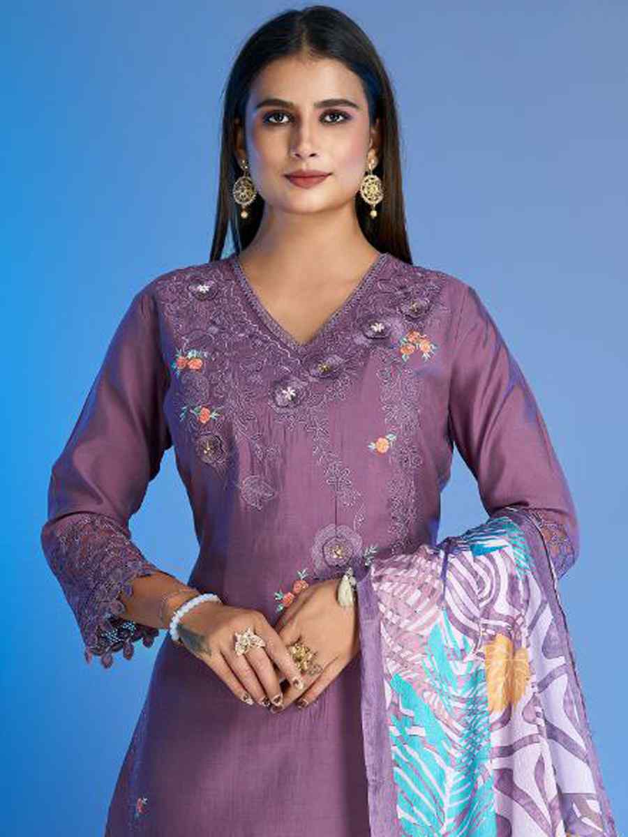 Lavender Roman Silk Printed Festival Party Ready Pant Salwar Kameez