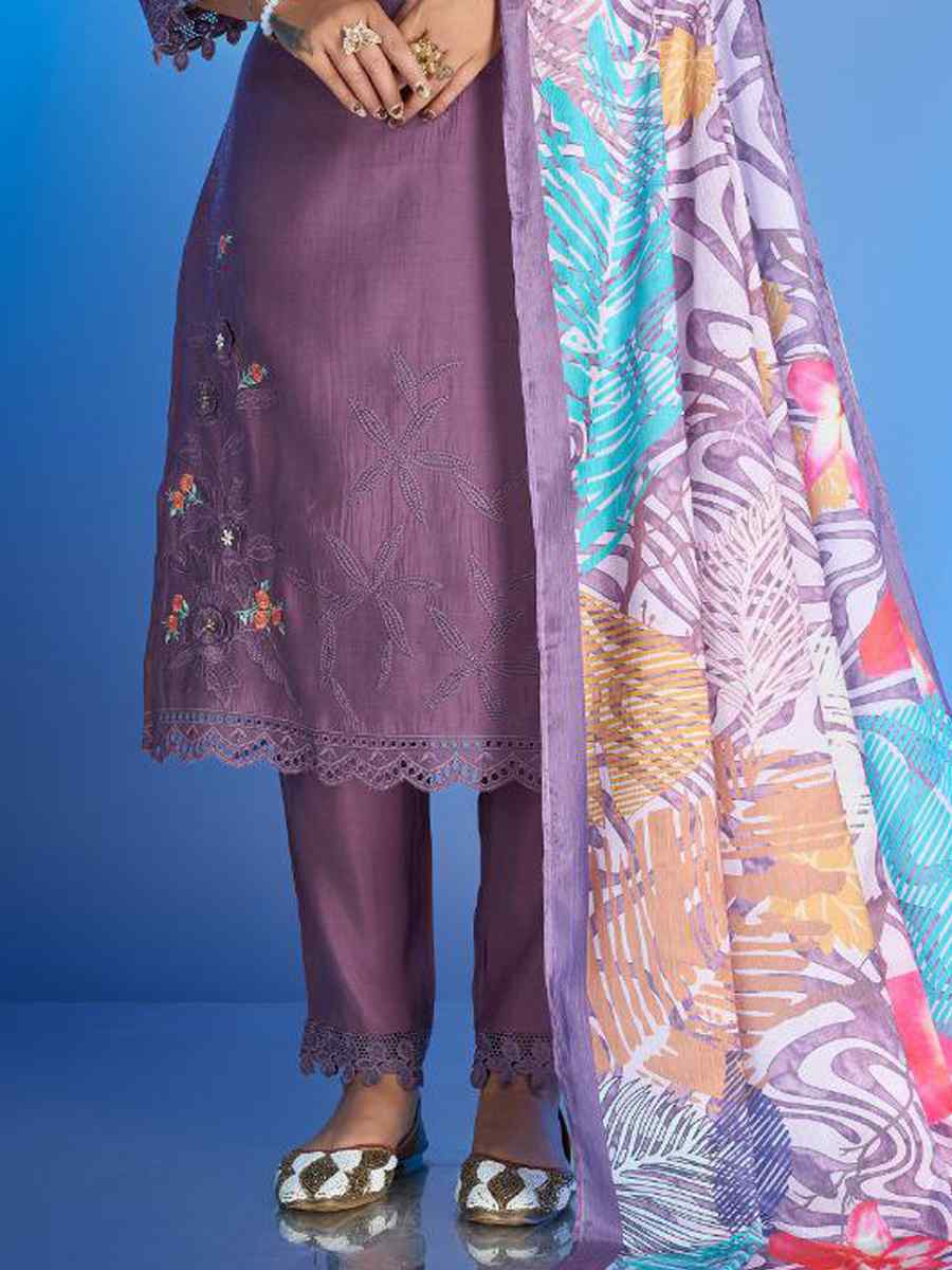 Lavender Roman Silk Printed Festival Party Ready Pant Salwar Kameez