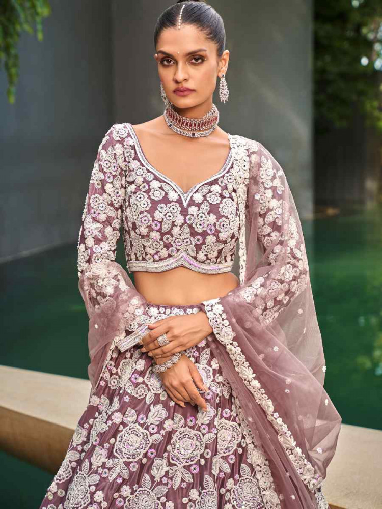 Lavender Satin Embroidered Festival Reception Circular Lehenga Choli