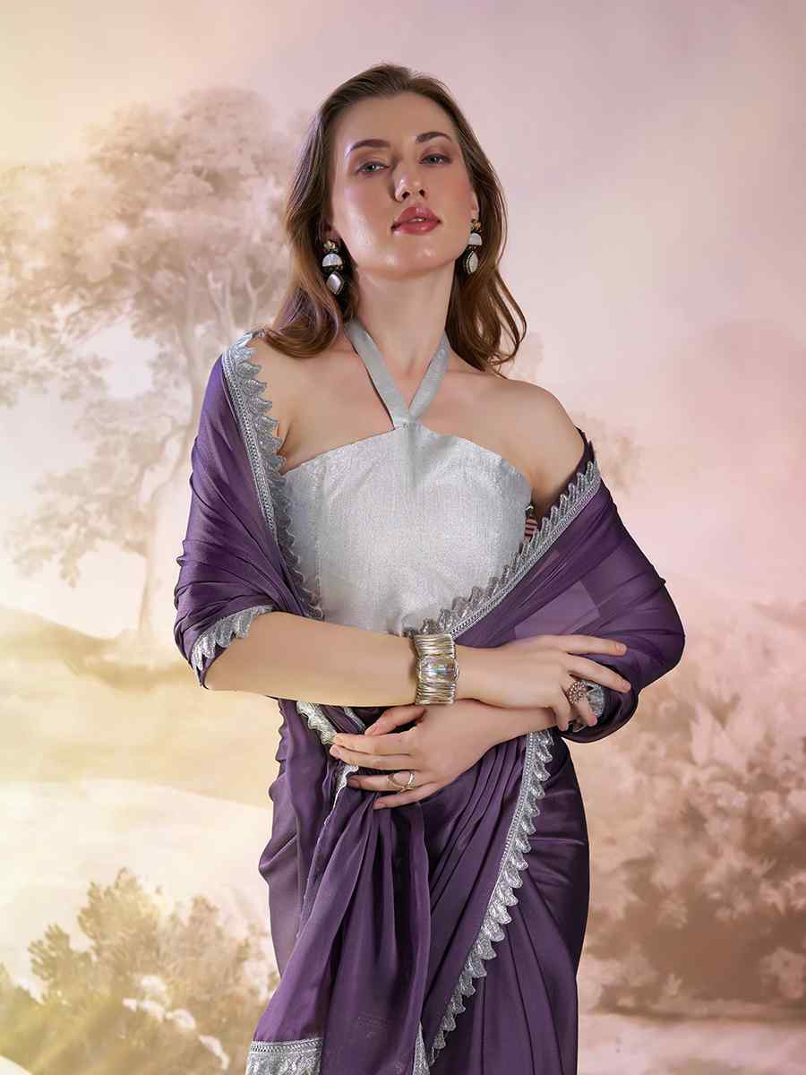 Lavender Satin Rangoli Solid Casual Festival Classic Style Saree