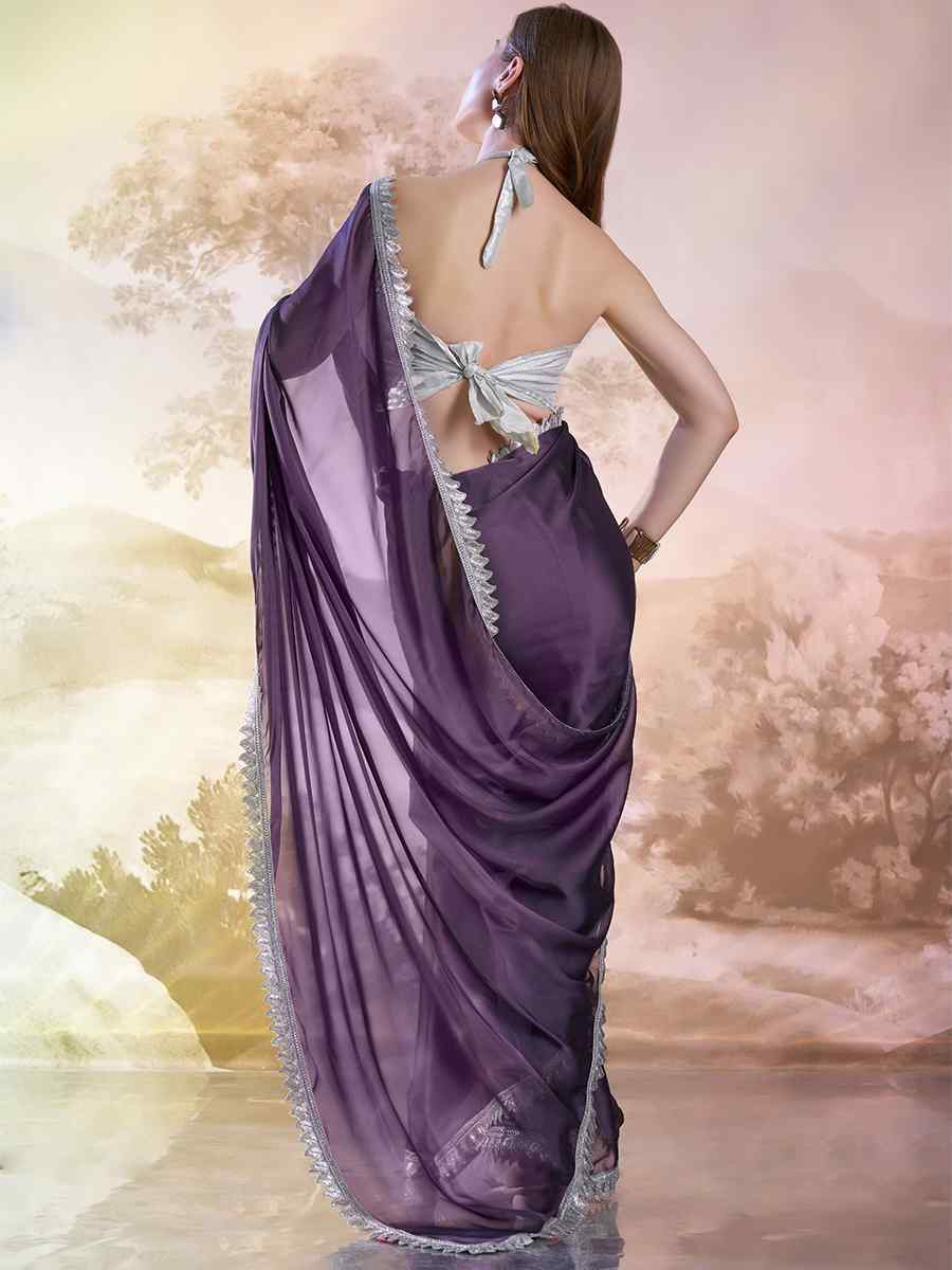Lavender Satin Rangoli Solid Casual Festival Classic Style Saree