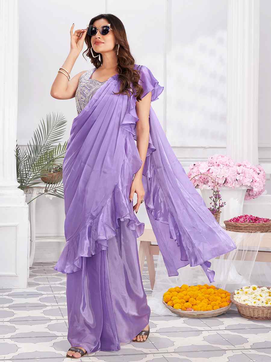 Lavender Satin Silk Fancy Embroidered Festival Casual Classic Style Saree