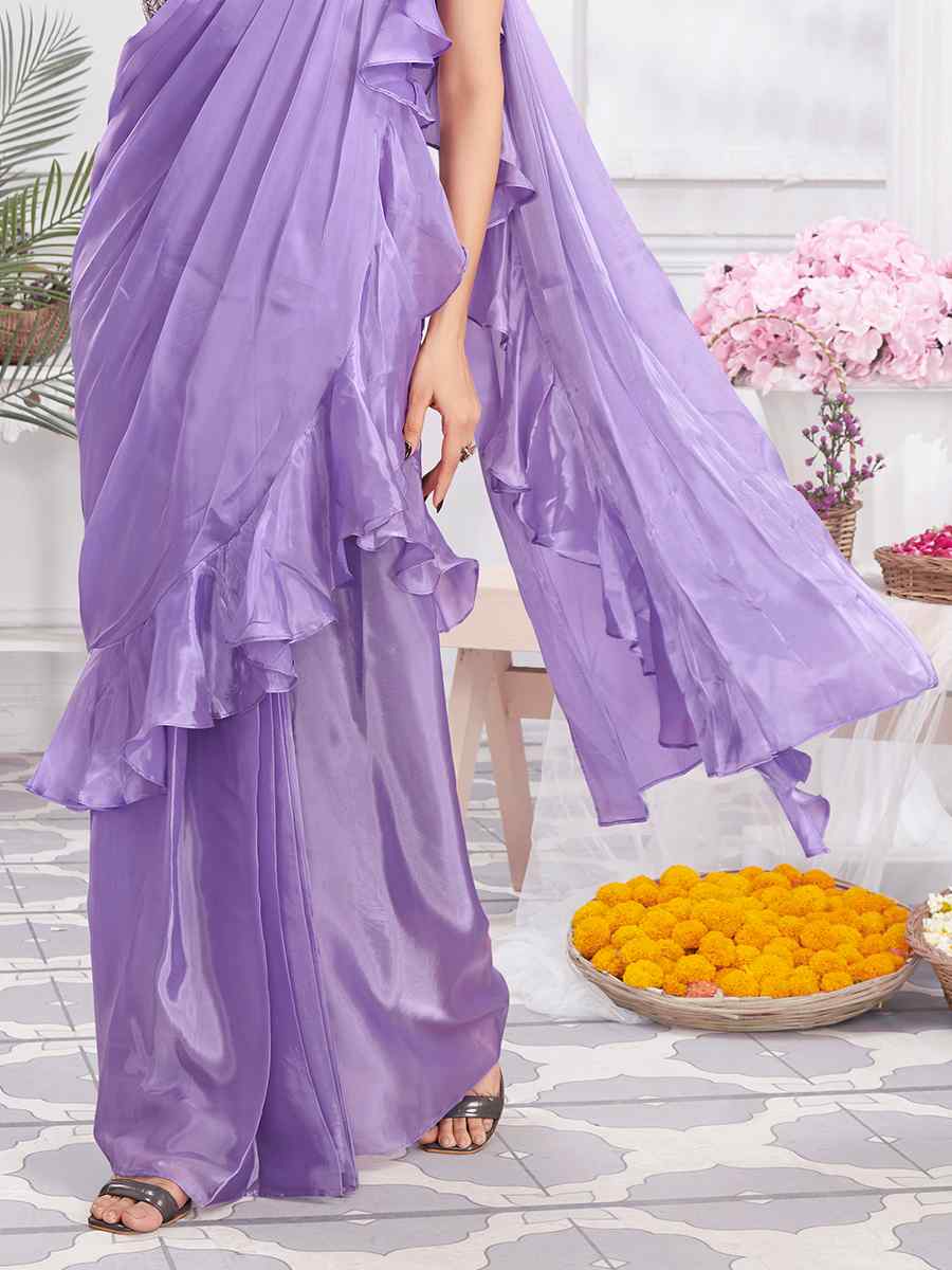 Lavender Satin Silk Fancy Embroidered Festival Casual Classic Style Saree