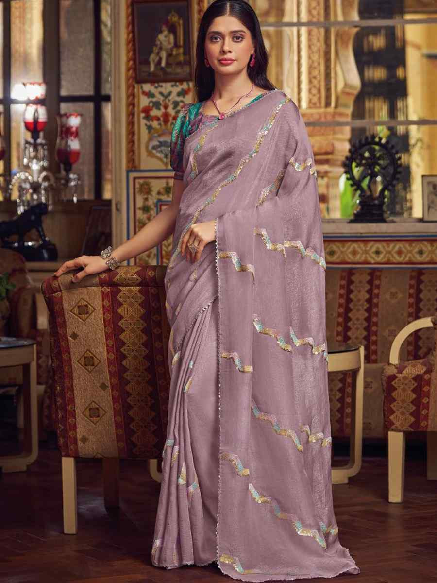 Lavender Shimmer Chiffon Handwoven Festival Wedding Heavy Border Saree