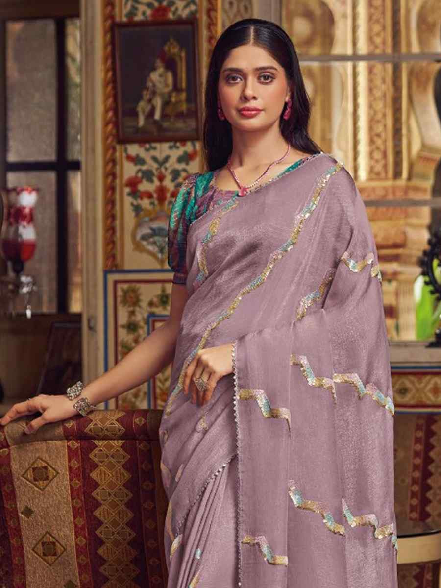 Lavender Shimmer Chiffon Handwoven Festival Wedding Heavy Border Saree