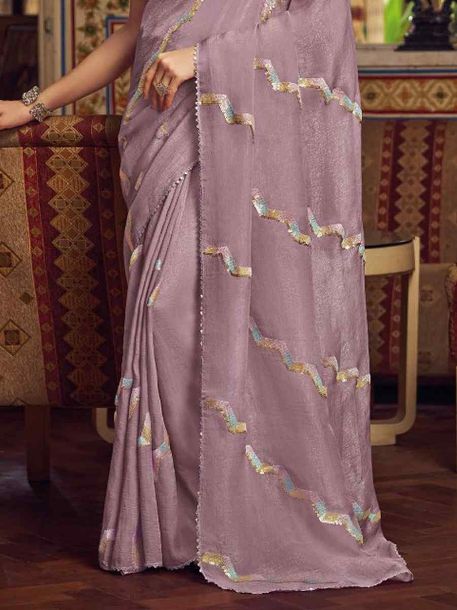 Lavender Shimmer Chiffon Handwoven Festival Wedding Heavy Border Saree