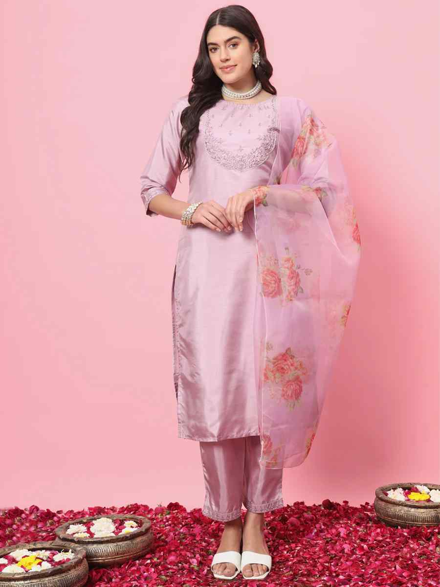 Lavender Silk Blend Embroidered Festival Casual Ready Pant Salwar Kameez