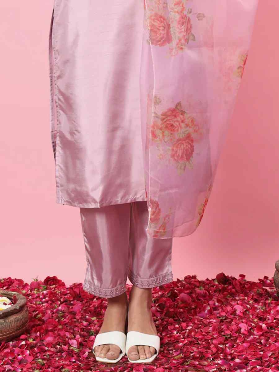 Lavender Silk Blend Embroidered Festival Casual Ready Pant Salwar Kameez