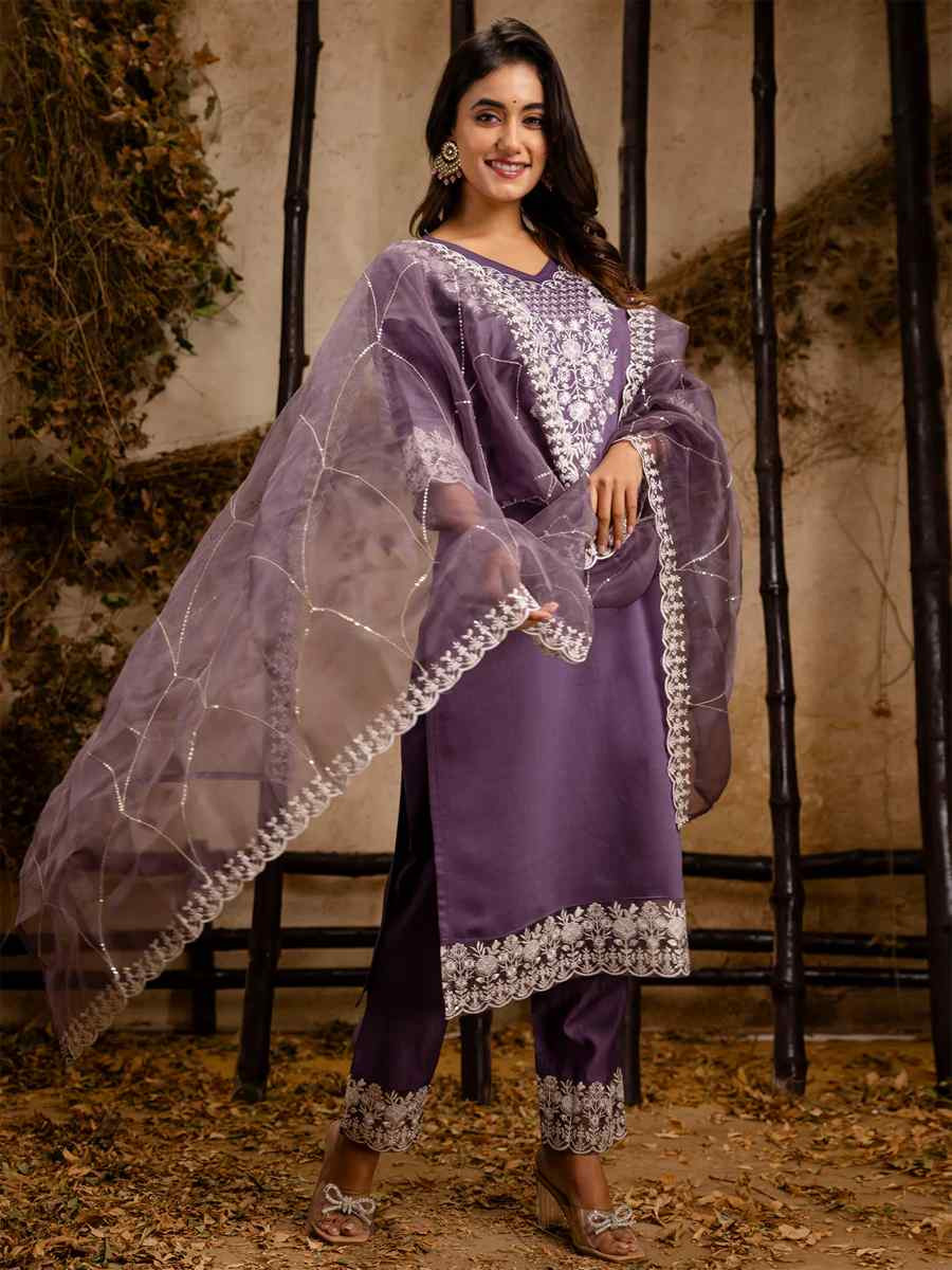 Lavender Silk Blend Embroidered Party Casual Ready Pant Salwar Kameez