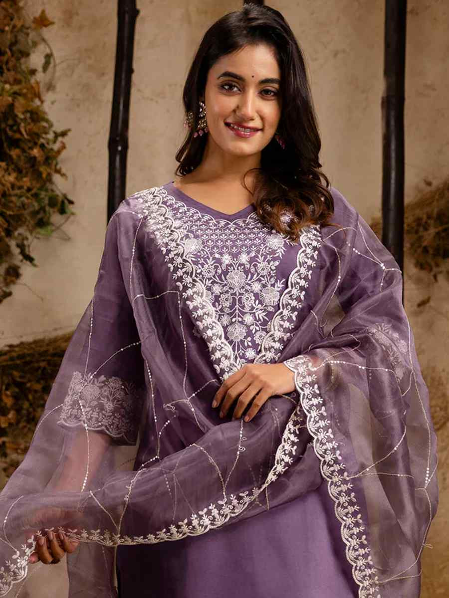 Lavender Silk Blend Embroidered Party Casual Ready Pant Salwar Kameez