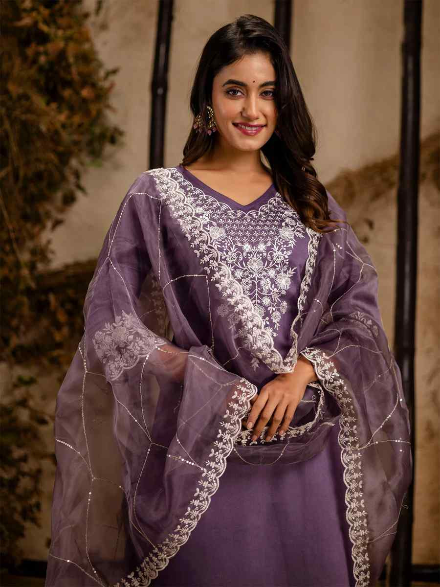 Lavender Silk Blend Embroidered Party Casual Ready Pant Salwar Kameez