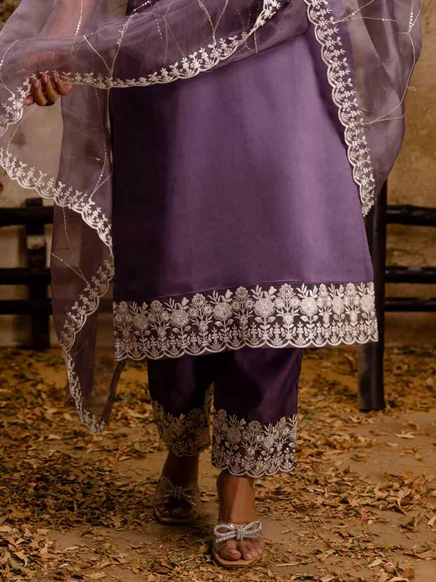 Lavender Silk Blend Embroidered Party Casual Ready Pant Salwar Kameez