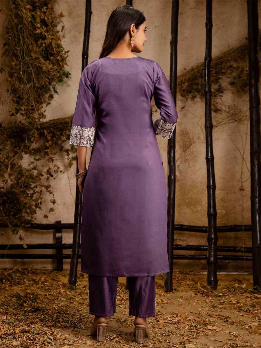 Lavender Silk Blend Embroidered Party Casual Ready Pant Salwar Kameez