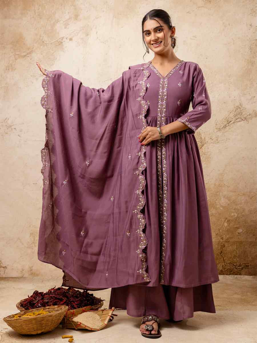 Lavender Silk Blend Embroidered Casual Festival Ready Palazzo Pant Salwar Kameez