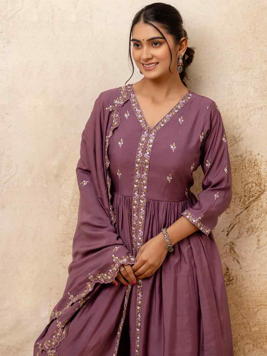 Lavender Silk Blend Embroidered Casual Festival Ready Palazzo Pant Salwar Kameez