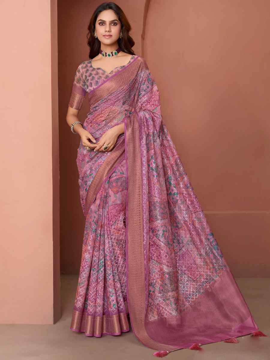 Lavender Silk Embroidered Reception Party Heavy Border Saree