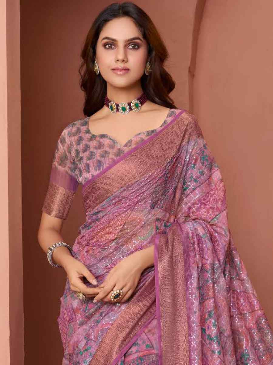 Lavender Silk Embroidered Reception Party Heavy Border Saree