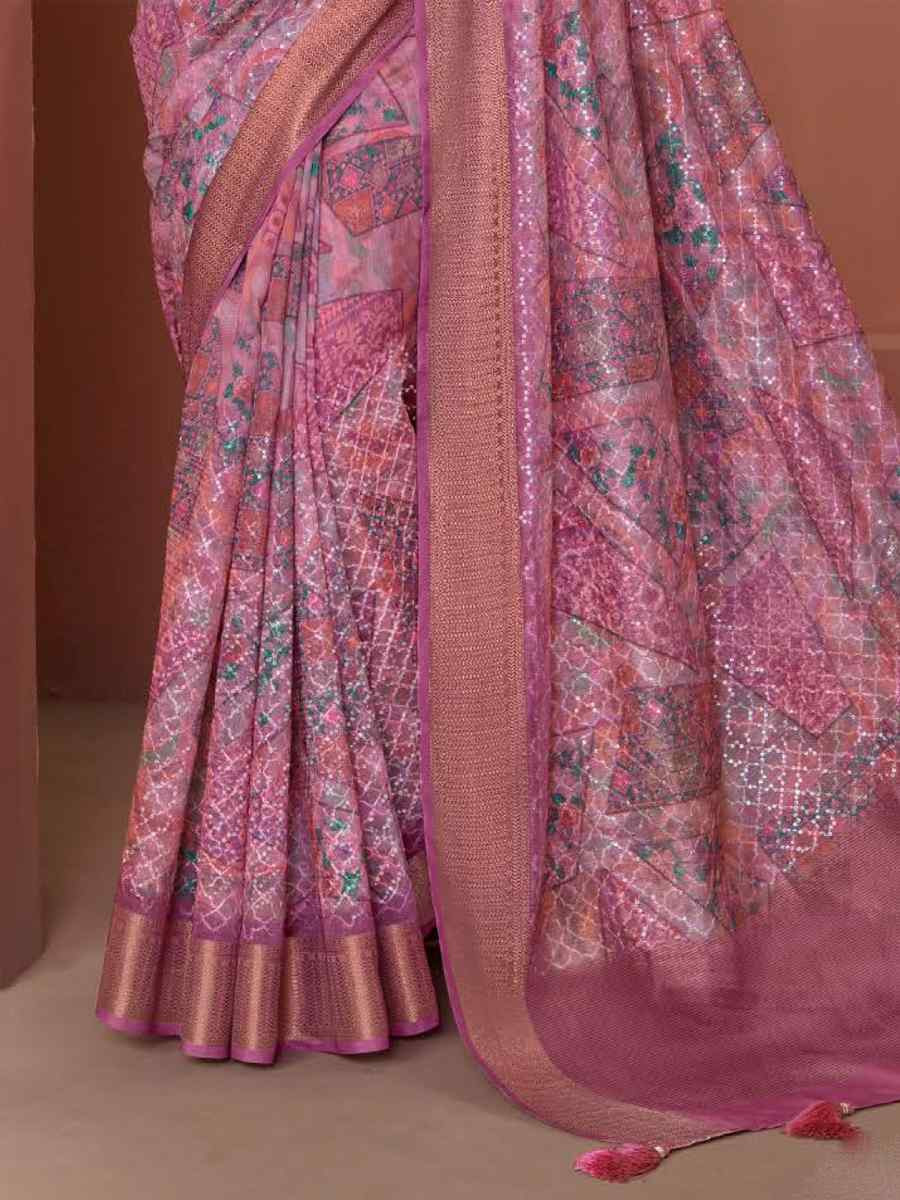 Lavender Silk Embroidered Reception Party Heavy Border Saree