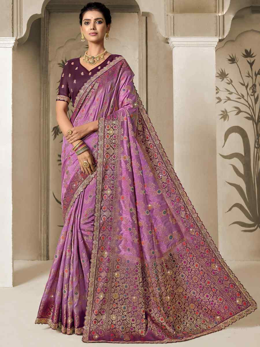 Lavender Silk Embroidered Reception Wedding Heavy Border Saree