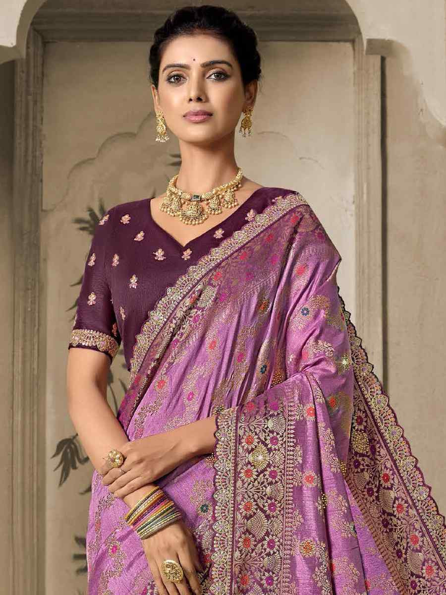 Lavender Silk Embroidered Reception Wedding Heavy Border Saree