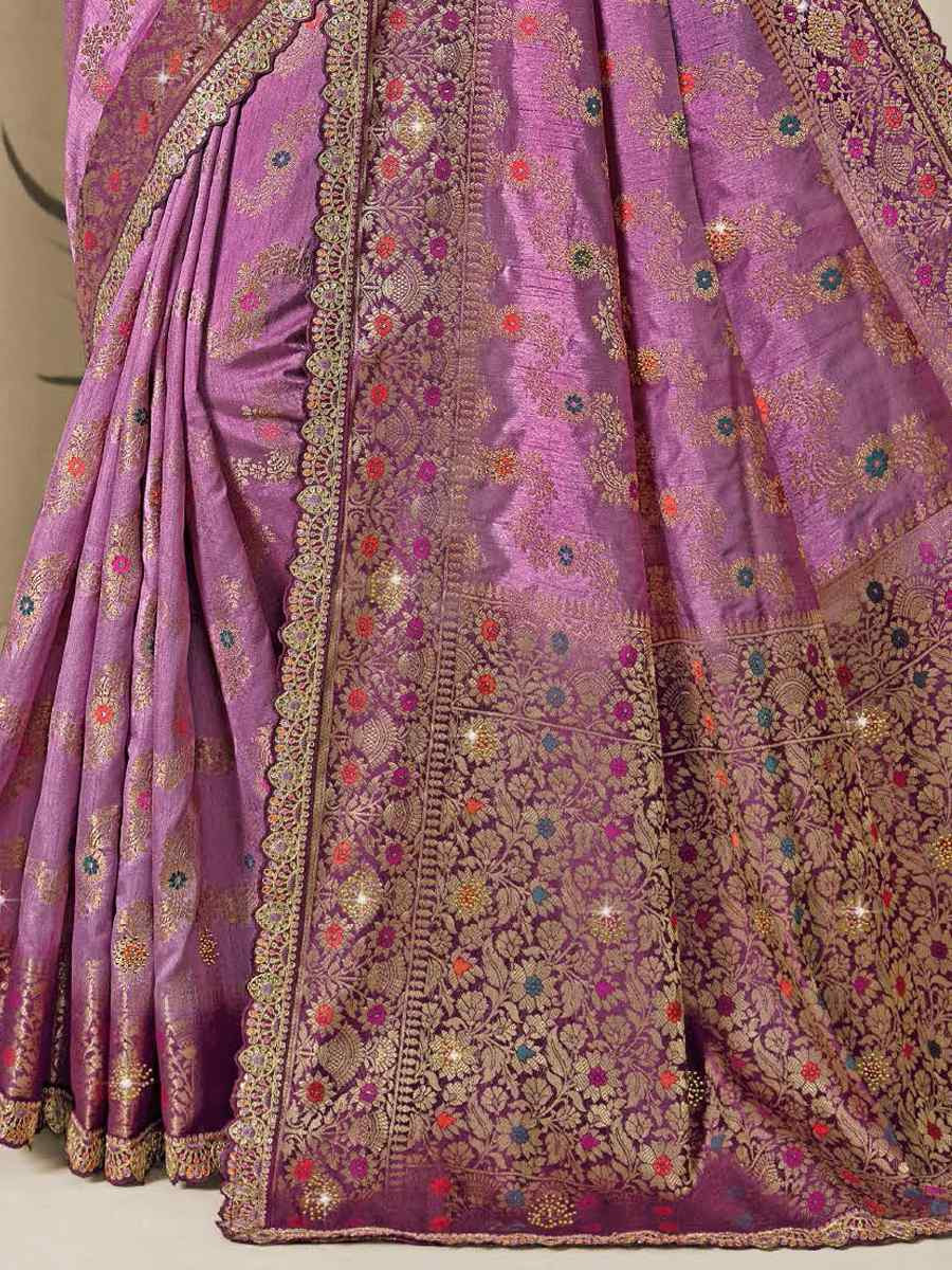 Lavender Silk Embroidered Reception Wedding Heavy Border Saree