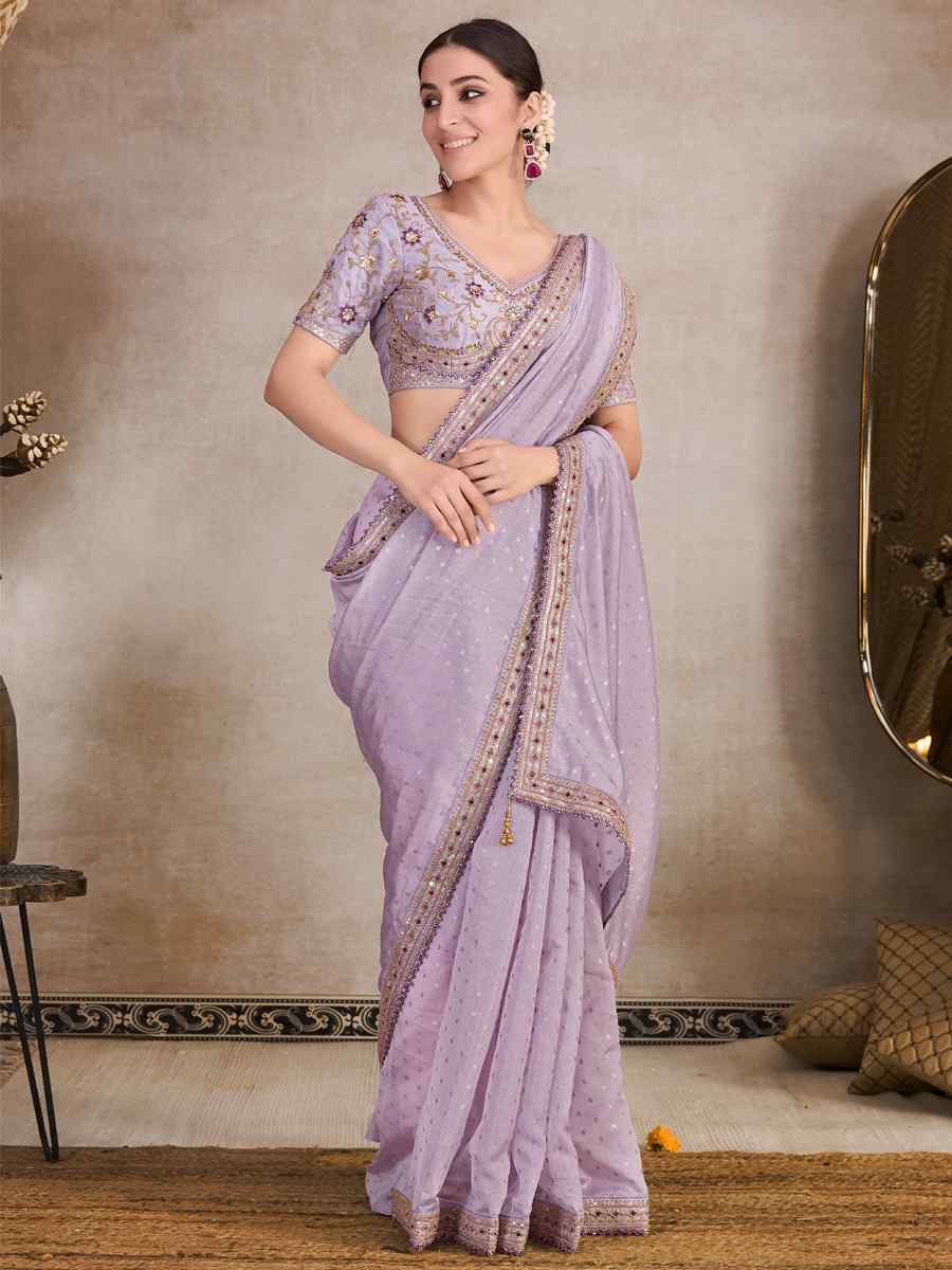 Lavender Silk Organza Embroidered Party Reception Heavy Border Saree