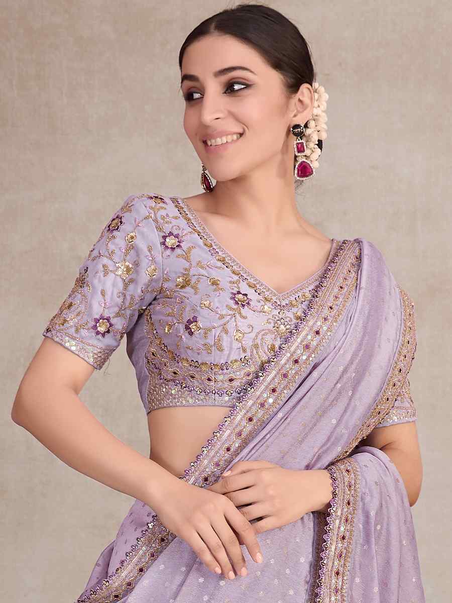 Lavender Silk Organza Embroidered Party Reception Heavy Border Saree